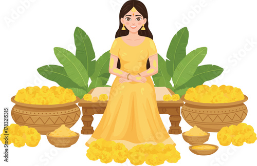 Haldi Bride in Yellow Dress Wedding Illustration