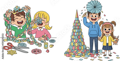 Happy children making colorful paper crafts, kids creating holiday decorations with paper chains, snowflakes, and handmade Christmas tree art, fun creativity