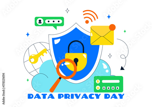 Data Privacy Vector Illustration Featuring Cybersecurity with a Lock on Screen, Secure Information, Confidential Documents and Digital Data Protection