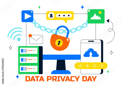Data Privacy Vector Illustration Featuring Cybersecurity with a Lock on Screen, Secure Information, Confidential Documents and Digital Data Protection