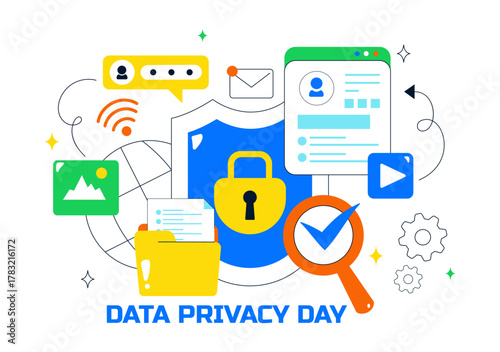 Data Privacy Vector Illustration Featuring Cybersecurity with a Lock on Screen, Secure Information, Confidential Documents and Digital Data Protection