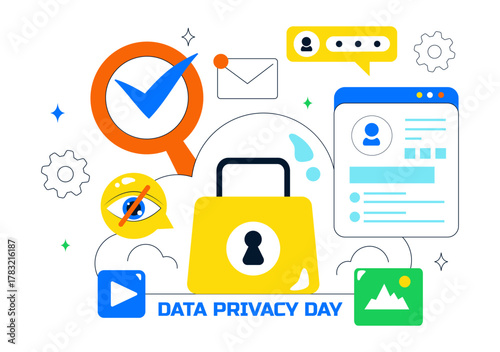 Data Privacy Vector Illustration Featuring Cybersecurity with a Lock on Screen, Secure Information, Confidential Documents and Digital Data Protection