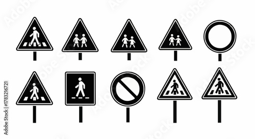 Collection of various pedestrian crossing and traffic warning signs