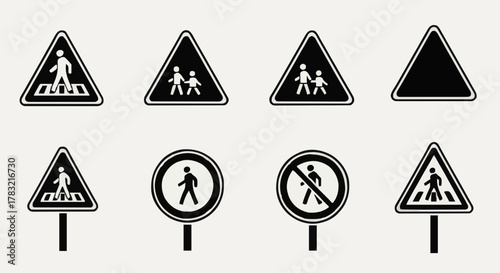 Vector collection of road signs for pedestrian safety, featuring crosswalk, children crossing, and no walking symbols for traffic regulation