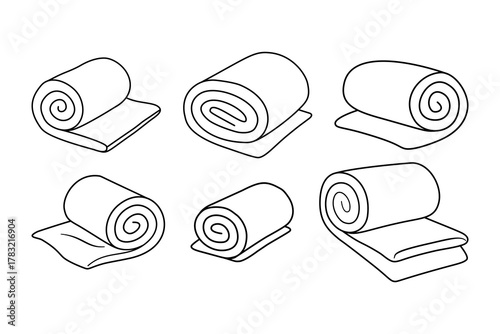 Rolled towel outline set vector illustration collection of bath towels isolated minimalist line drawing spa hygiene fabric design hotel bathroom textile rolledtowel icon pattern.