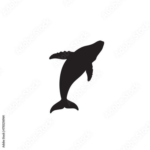 Silhouette of a whale breaching the ocean surface, sunset.