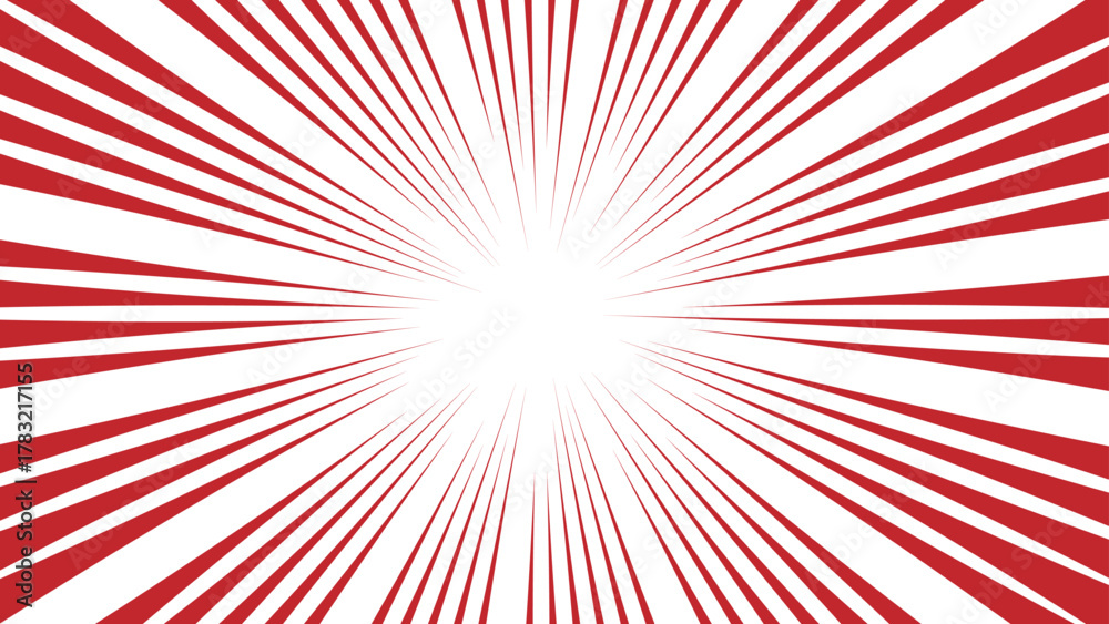 Fototapeta premium Abstract vivid red and white radial burst pattern with sharp, symmetrical rays with bright white center. dynamic starburst design with sense of energy, motion, and intensity & retro, comic-style explo