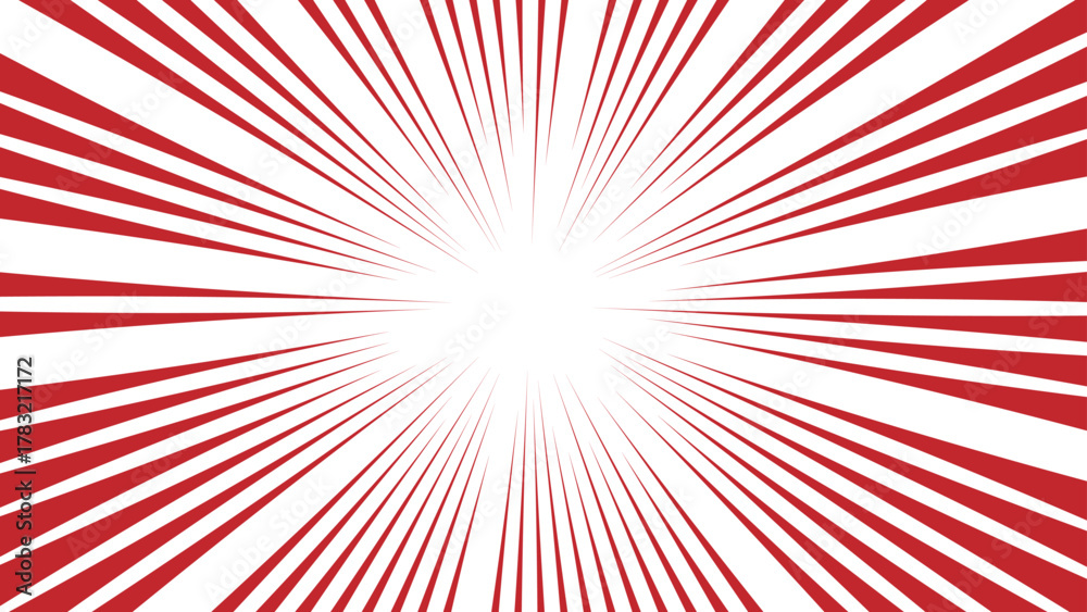 Fototapeta premium Abstract vivid red and white radial burst pattern with sharp, symmetrical rays with bright white center. dynamic starburst design with sense of energy, motion, and intensity & retro, comic-style explo