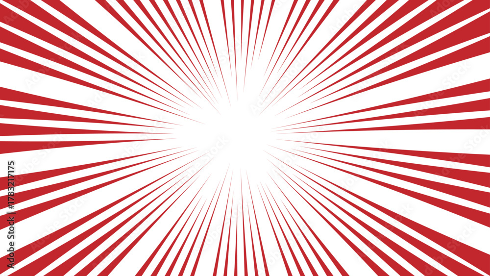 Fototapeta premium Abstract vivid red and white radial burst pattern with sharp, symmetrical rays with bright white center. dynamic starburst design with sense of energy, motion, and intensity & retro, comic-style explo
