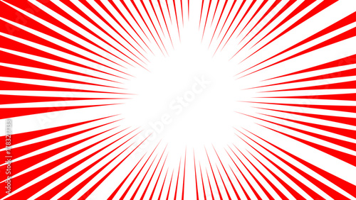 Abstract vivid red and white radial burst pattern with sharp, symmetrical rays with bright white center. dynamic starburst design with sense of energy, motion, and intensity & retro, comic-style explo