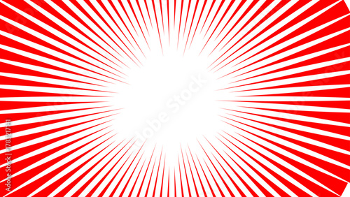 Abstract vivid red and white radial burst pattern with sharp, symmetrical rays with bright white center. dynamic starburst design with sense of energy, motion, and intensity & retro, comic-style explo