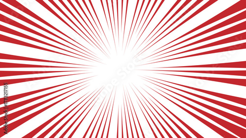 Abstract vivid red and white radial burst pattern with sharp, symmetrical rays with bright white center. dynamic starburst design with sense of energy, motion, and intensity & retro, comic-style explo