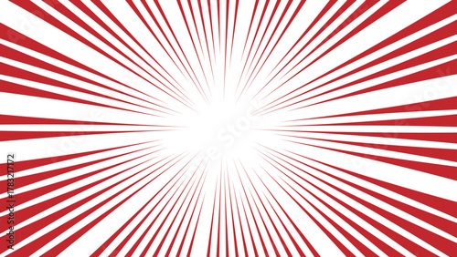 Abstract vivid red and white radial burst pattern with sharp, symmetrical rays with bright white center. dynamic starburst design with sense of energy, motion, and intensity & retro, comic-style explo