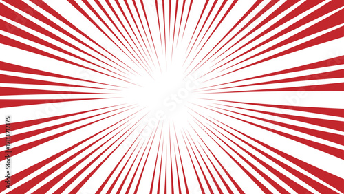 Abstract vivid red and white radial burst pattern with sharp, symmetrical rays with bright white center. dynamic starburst design with sense of energy, motion, and intensity & retro, comic-style explo