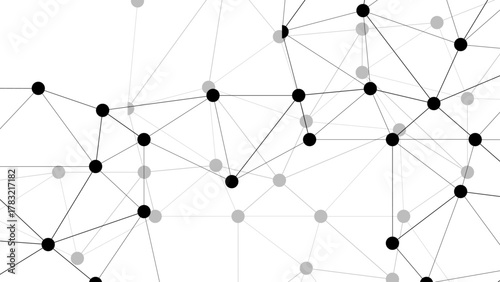 Abstract minimalistic black and white abstract network pattern with interconnected black dots linked by thin grey lines. Digital mesh network, with varying node sizes and line angles.