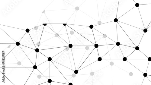 Abstract minimalistic black and white abstract network pattern with interconnected black dots linked by thin grey lines. Digital mesh network, with varying node sizes and line angles.