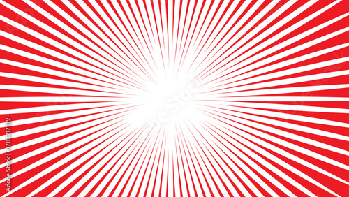 Abstract vivid red and white radial burst pattern with sharp, symmetrical rays with bright white center. dynamic starburst design with sense of energy, motion, and intensity & retro, comic-style explo
