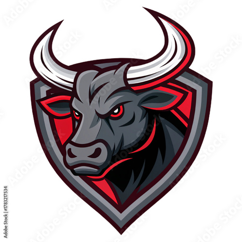 Bionic Bull Mascot Logo Vector, Flat Esport Badge Design with Solid Iron Grey and Crimson Accent Fills and Simple Layout, Transparent Background

