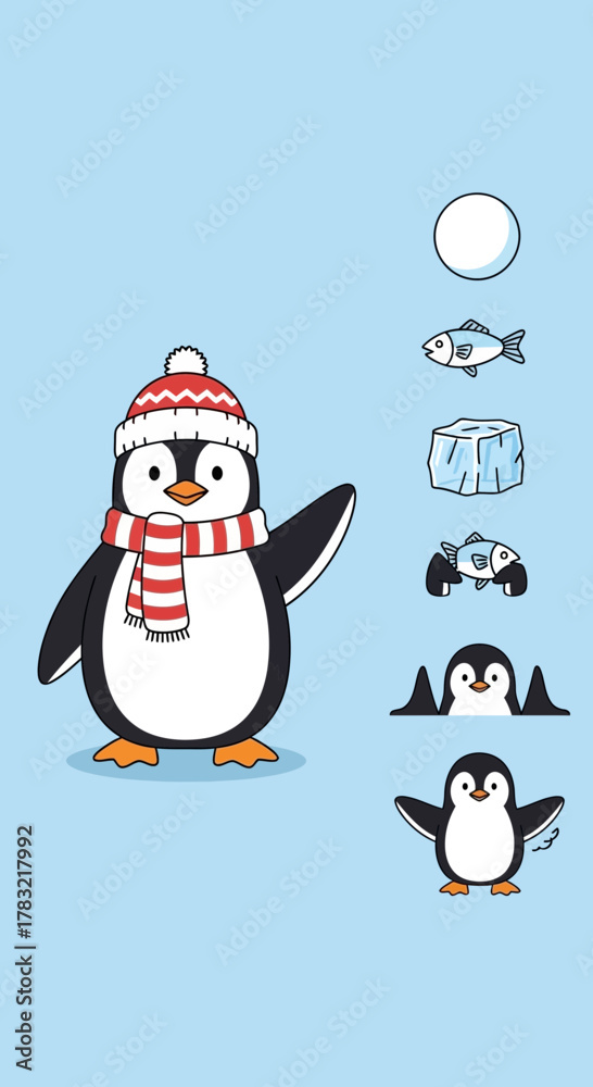 Fototapeta premium A cute cartoon penguin wearing a red and white striped winter hat and scarf, with small illustrations of winter elements and penguins on the side.
