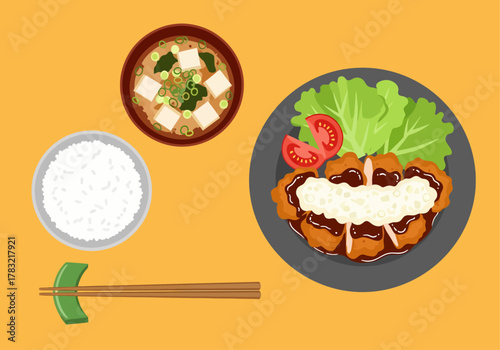 A vibrant, top-down vector illustration depicts a complete Japanese teishoku meal, including chicken nanban, miso soup, and rice, all presented in a clean, flat-design style