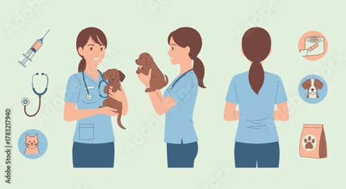A female veterinarian holding a puppy, with various veterinary tools and pet icons around her, illustrating pet care.