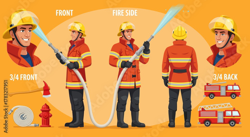 Detailed illustration of a firefighter in various poses with equipment and fire trucks, showcasing emergency services and safety.