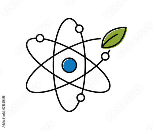 A stylized atom symbol with a green leaf attached to one of its orbiting electrons, representing eco-friendly science or green technology.
