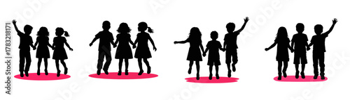 Silhouettes of four groups of happy children holding hands and playing together.