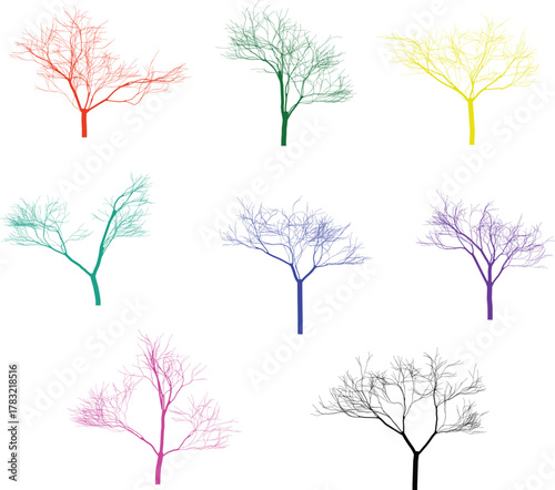 Colorful bare trees minimalist design vector illustration nature concept vibrant autumn winter seasons