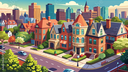 Very beautiful aerial view of Back Bay in Boston, Massachusetts, USA, showcasing elegant Victorian brownstone townhouses alongside a modern building, wide tree-lined streets, and a realistic vibrant 