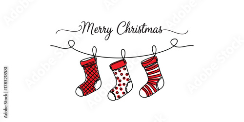 Minimalist line art featuring three red and white Christmas stockings hanging from a string, polka dots, stripes — beneath the “Merry Christmas” text, seasonal graphics, Christmas decoration visuals.