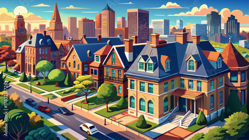 Very beautiful aerial view of Back Bay in Boston, Massachusetts, USA, showcasing elegant Victorian brownstone townhouses alongside a modern building, wide tree-lined streets, and a realistic vibrant 