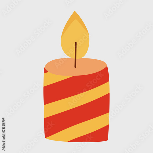 flat vector illustration of a lit candle with red and yellow diagonal stripes.