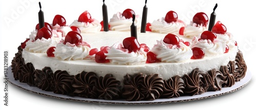 Delicious cake topped with cherries and chocolate frosting.
