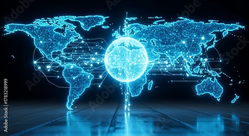 Global Network Connection - A Digital World Map with Glowing Sphere.