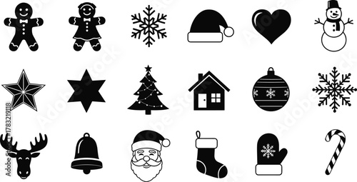 Christmas icons, winter holiday symbols, festive silhouette collection, black and white vector set, seasonal decoration, celebrationgn illustration