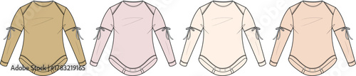 Fashion design concept illustration of a baby long-sleeve bodysuit. Technical flat sketch template set shown in four neutral color options