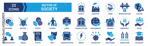 Sector of society icon set. Containing agriculture, education, healthcare, energy, technology, transportation, arts, justice and more. Solid vector icons collection.