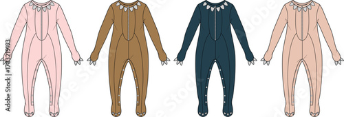 Four matching baby pajamas in different colors and designs laid out flat for a product showcase