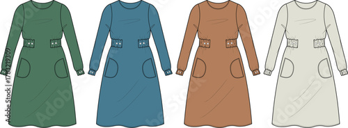 Four different colored casual dresses with pockets and a mid-calf length, perfect for everyday wear