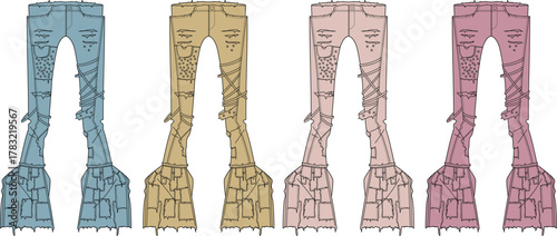 Set of colorful ripped lace-up jeans fashion technical flat sketch vector illustration for apparel design
