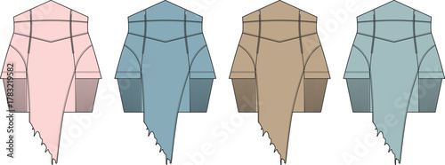 Set of fashion technical flat sketches showing a modern asymmetrical wrap skirt design, isolated vector illustrations for apparel and clothing collection concepts