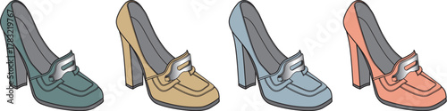 Four different colored women's heeled shoes lined up side-by-side, each with a silver buckle detail on the toe