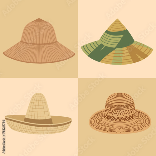 set illustration vector graphic of craft hats made from plant fibers