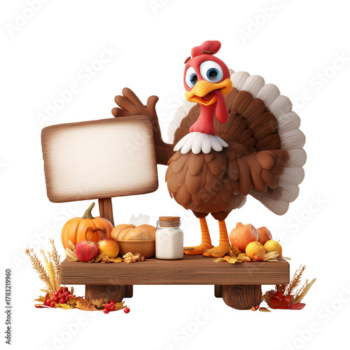 Cartoon thanksgiving turkey character holding a blank sign with autumn harvest decorations isolated on transparent background