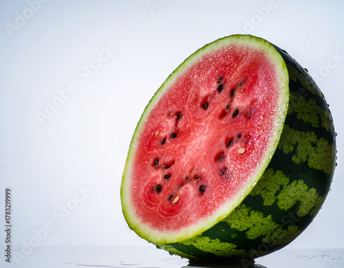 Close-up shot of a halved watermelon with seeds on a white surface against a plain background.