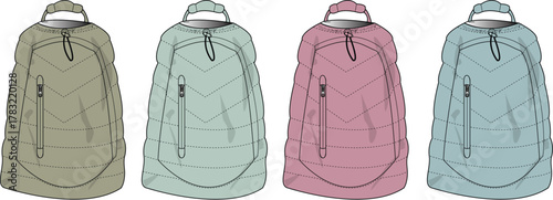 Four Padded Backpack Designs Featuring Zippers and Stitching in Earthy and Pastel Tones