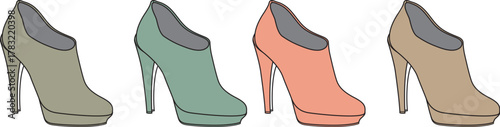 An assortment of four high-heeled ankle boots in various muted colors displayed side-by-side on a white background, creating a chic fashion presentation