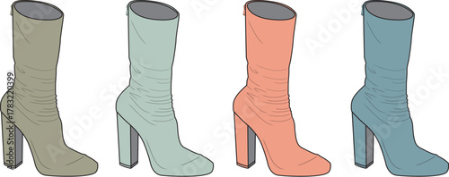 A set of fashionable women's sock-style ankle boots with high block heels, presented in a variety of modern pastel colors as a vector illustration
