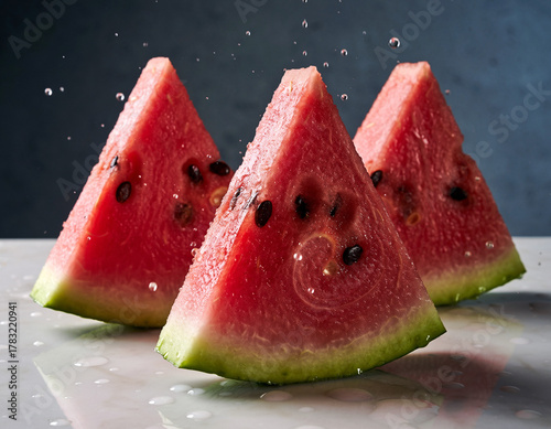 Three triangular slices of watermelon with black seeds on a reflective surface against a dark background.